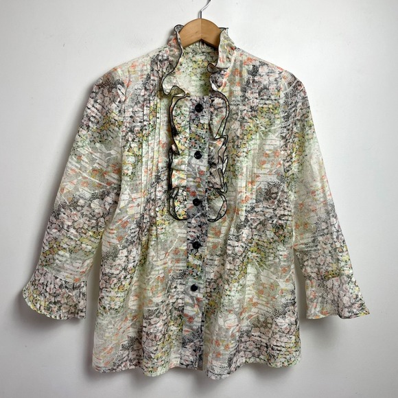 Unbranded Tops - Sheer Floral Ruffle Blouse Button Up Sz Large Cottage Romantic Feminine